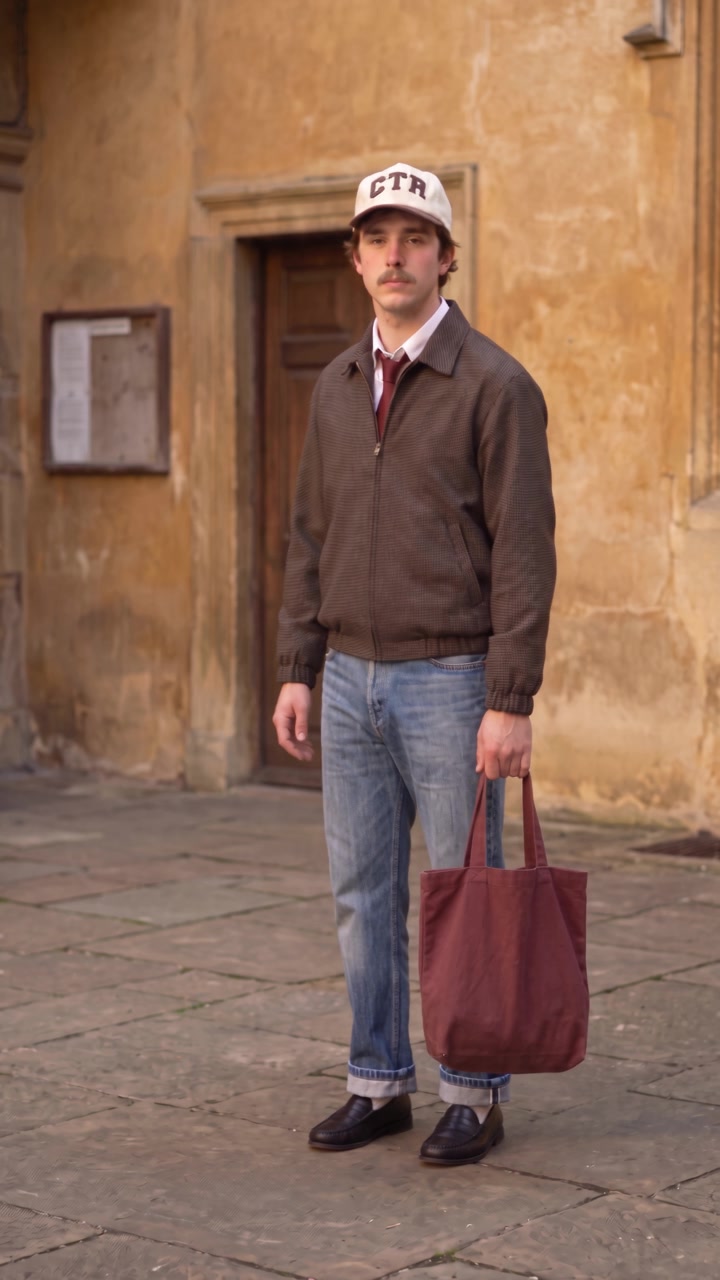 Walking across a stone courtyard with a red tote