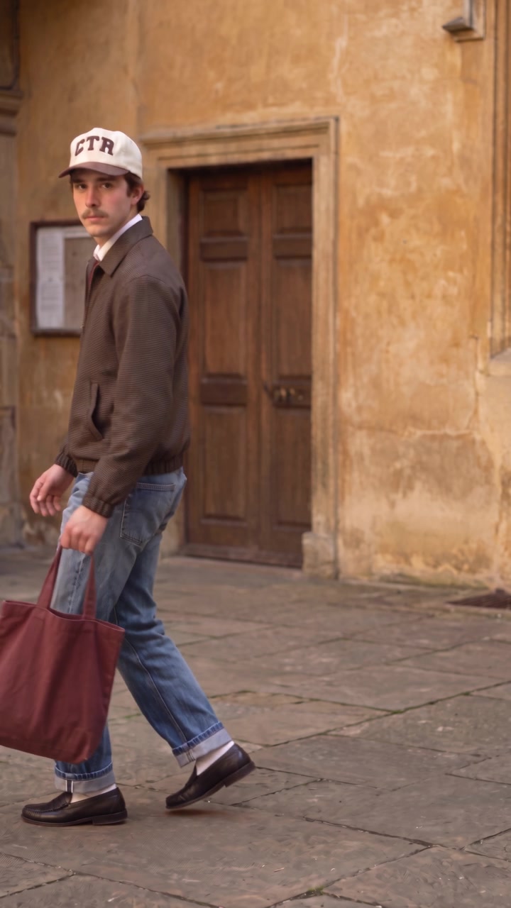 Mid-stride across the courtyard, tote in hand